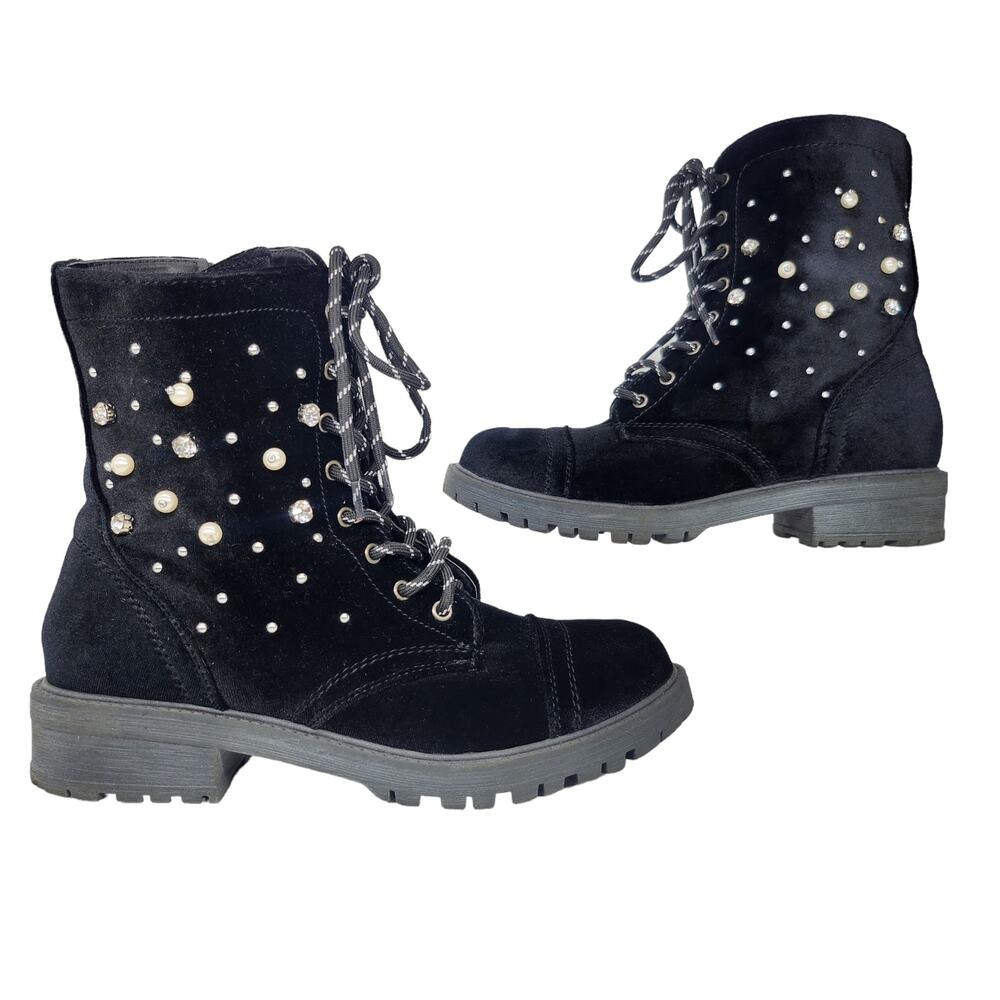Whimsigoth Combat Boots Womens 8 Black Velvet Crystals Velour Chunky Glam Goth